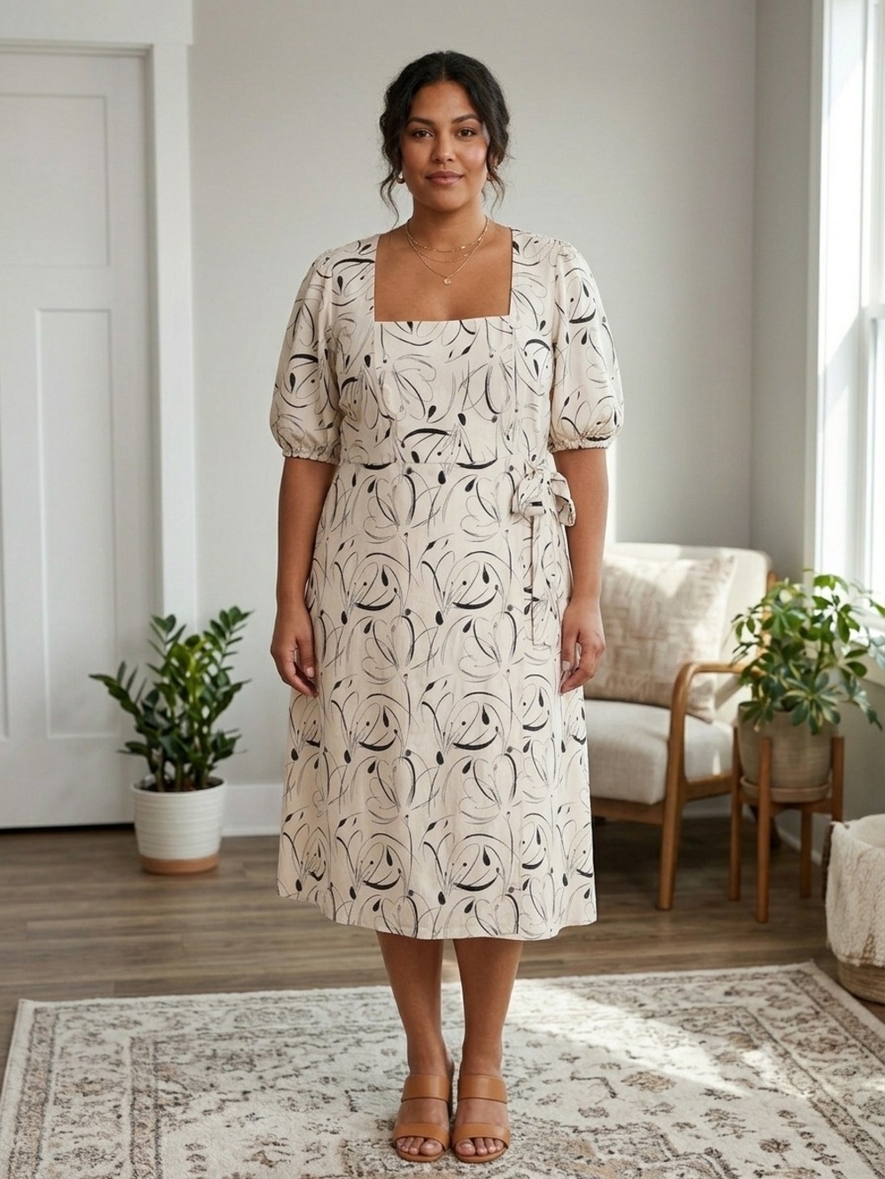 ARULA Cream Midi Dress with Black Abstract Print